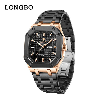 Men's Square Quartz Watch With Stainless Steel Strap, Tempered Glass Mirror, Pointer Display, And Butterfly Double Snap Buckle