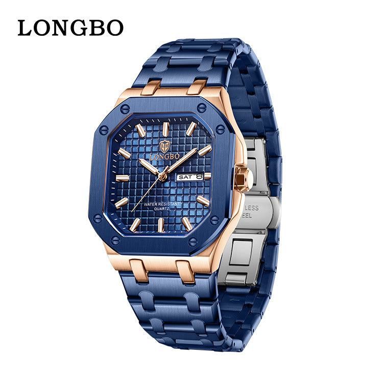 Men's Square Quartz Watch With Stainless Steel Strap, Tempered Glass Mirror, Pointer Display, And Butterfly Double Snap Buckle