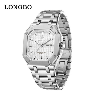 Men's Square Quartz Watch With Stainless Steel Strap, Tempered Glass Mirror, Pointer Display, And Butterfly Double Snap Buckle