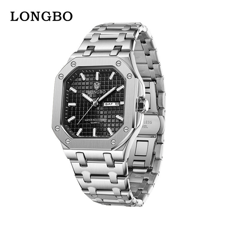Men's Square Quartz Watch With Stainless Steel Strap, Tempered Glass Mirror, Pointer Display, And Butterfly Double Snap Buckle