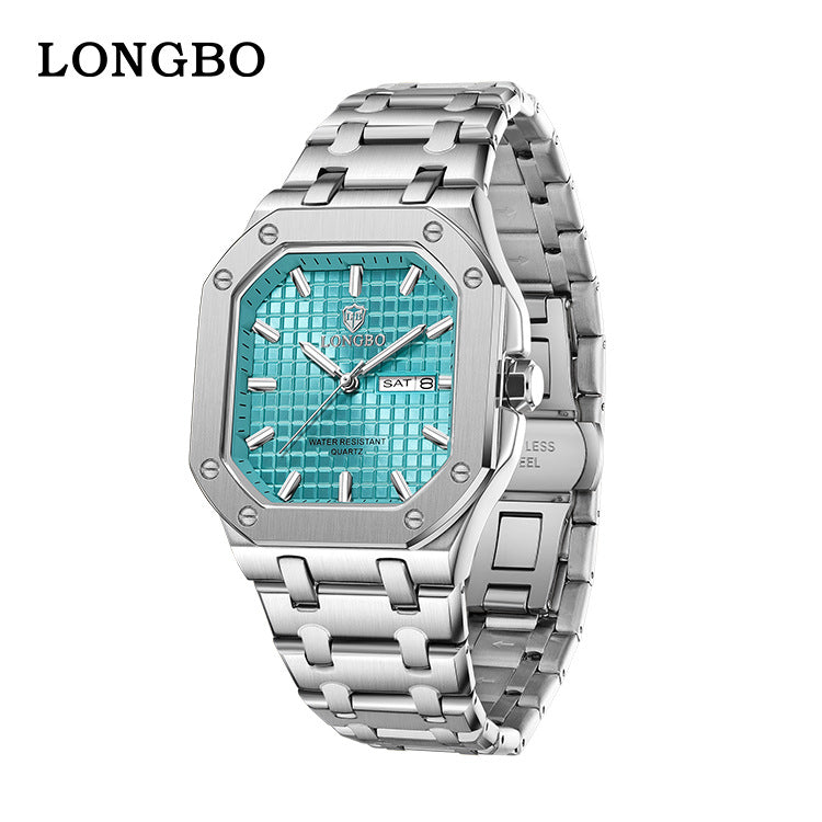 Men's Square Quartz Watch With Stainless Steel Strap, Tempered Glass Mirror, Pointer Display, And Butterfly Double Snap Buckle