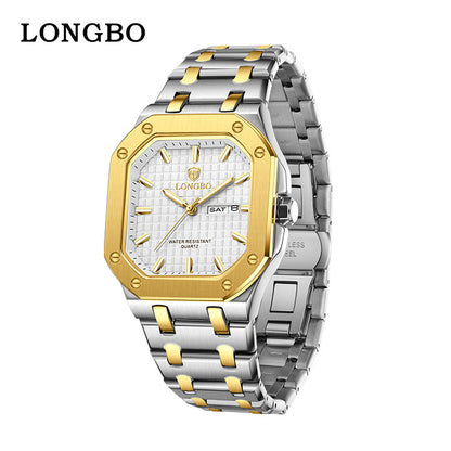 Men's Square Quartz Watch With Stainless Steel Strap, Tempered Glass Mirror, Pointer Display, And Butterfly Double Snap Buckle