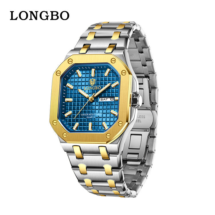Men's Square Quartz Watch With Stainless Steel Strap, Tempered Glass Mirror, Pointer Display, And Butterfly Double Snap Buckle