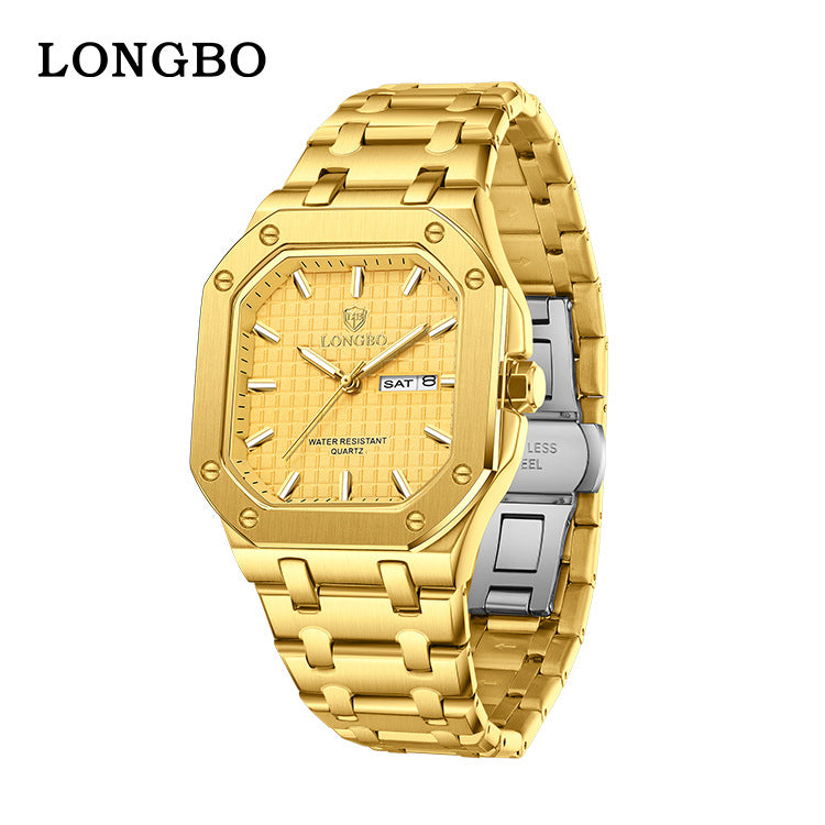Men's Square Quartz Watch With Stainless Steel Strap, Tempered Glass Mirror, Pointer Display, And Butterfly Double Snap Buckle