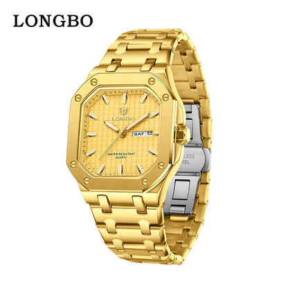 Men's Square Quartz Watch With Stainless Steel Strap, Tempered Glass Mirror, Pointer Display, And Butterfly Double Snap Buckle