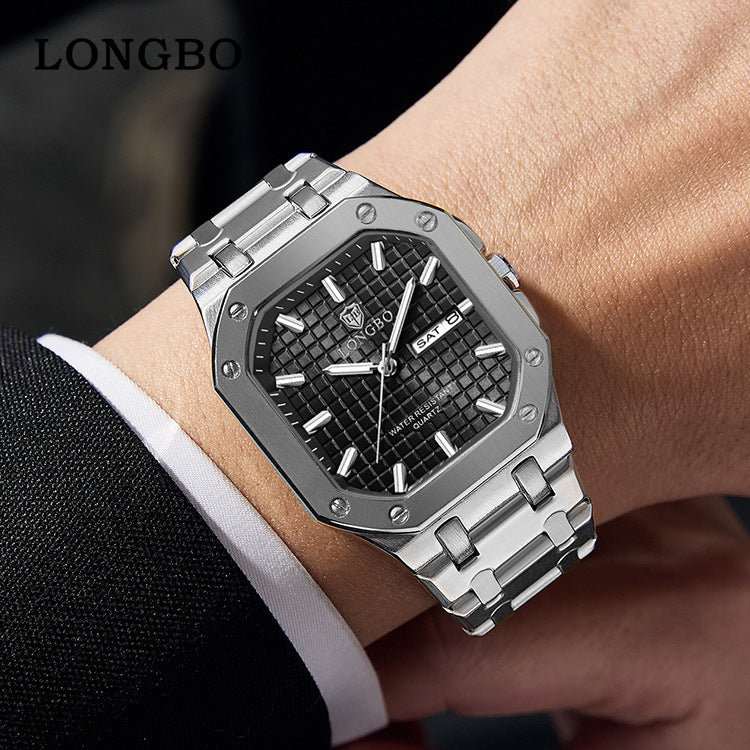 Men's Square Quartz Watch With Stainless Steel Strap, Tempered Glass Mirror, Pointer Display, And Butterfly Double Snap Buckle