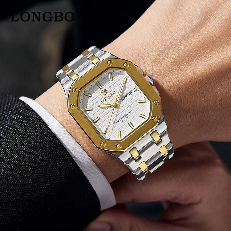 Men's Square Quartz Watch With Stainless Steel Strap, Tempered Glass Mirror, Pointer Display, And Butterfly Double Snap Buckle