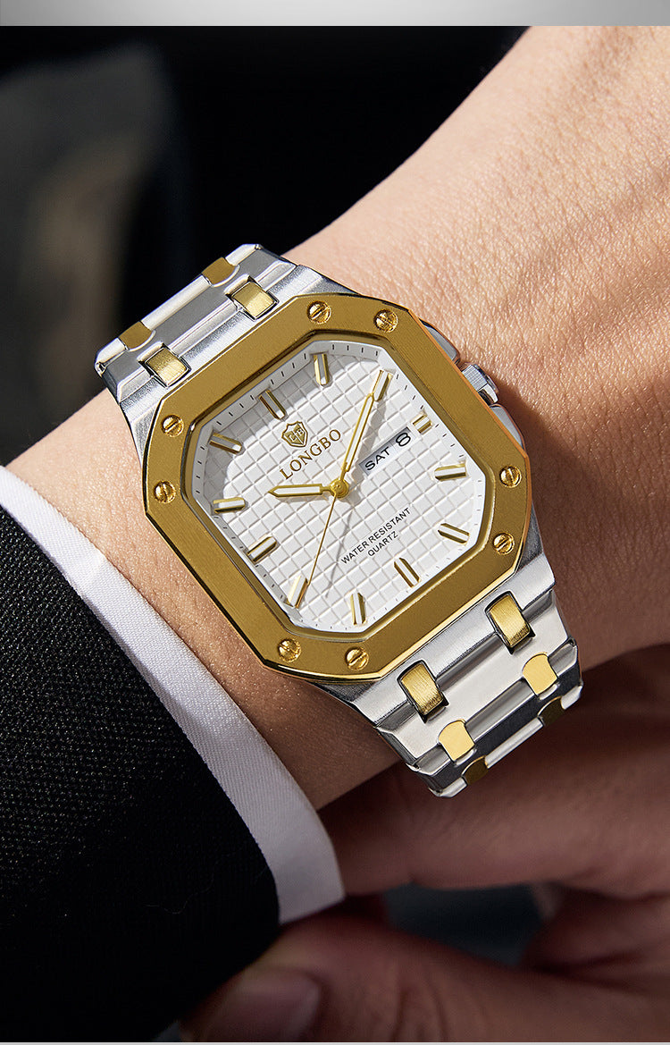 Men's Square Quartz Watch With Stainless Steel Strap, Tempered Glass Mirror, Pointer Display, And Butterfly Double Snap Buckle