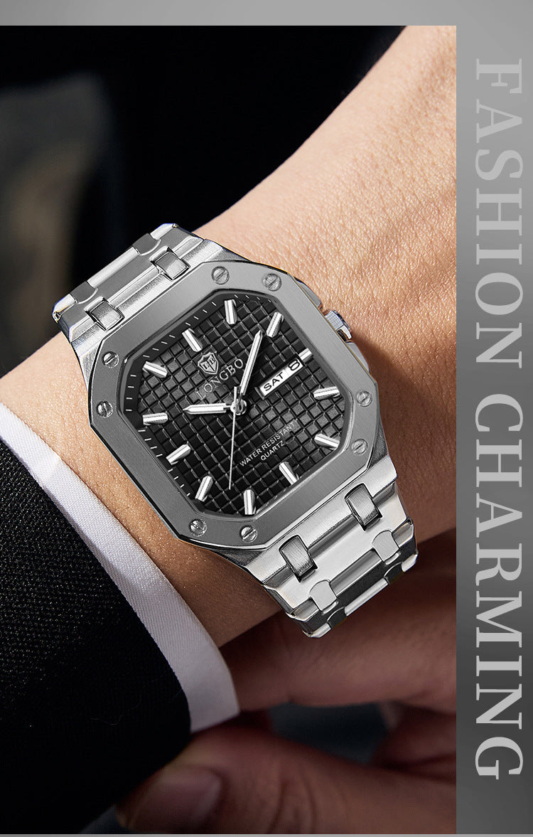 Men's Square Quartz Watch With Stainless Steel Strap, Tempered Glass Mirror, Pointer Display, And Butterfly Double Snap Buckle