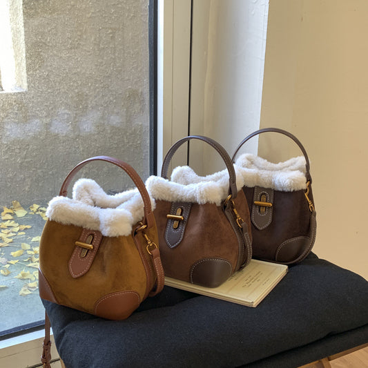 Women’s PU Leather Bucket Bag With Splicing Design And Sewing Thread Detail, Perfect For Autumn And Winter