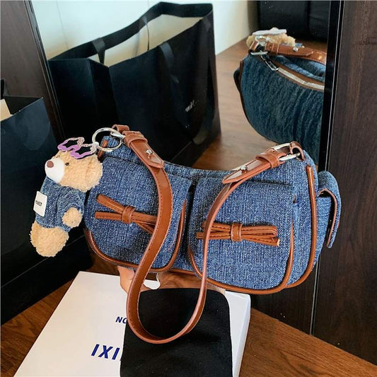 Women’s Denim Square Bow Tie Underarm Bag, Stylish Autumn Accessory