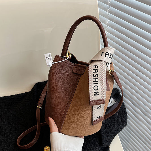 Women’s Color Block PU Leather Bucket Bag With Top Handle, Perfect For Spring