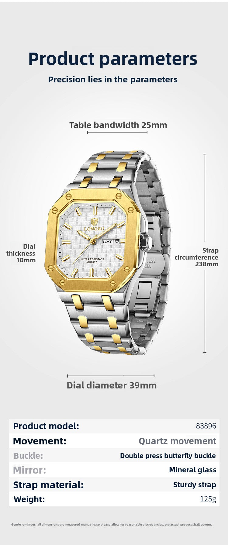 Men's Square Quartz Watch With Stainless Steel Strap, Tempered Glass Mirror, Pointer Display, And Butterfly Double Snap Buckle