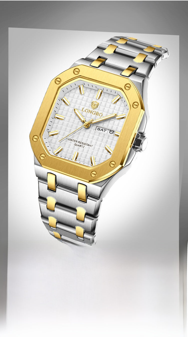 Men's Square Quartz Watch With Stainless Steel Strap, Tempered Glass Mirror, Pointer Display, And Butterfly Double Snap Buckle