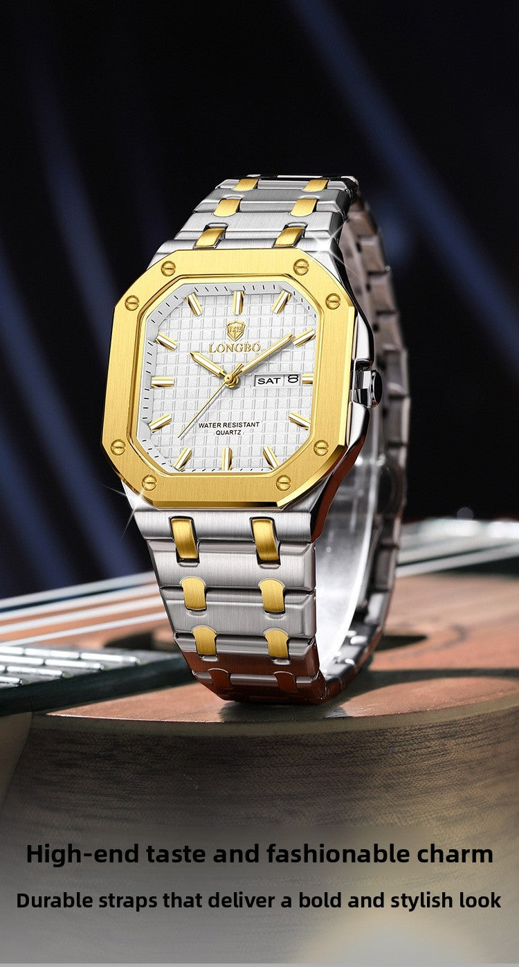 Men's Square Quartz Watch With Stainless Steel Strap, Tempered Glass Mirror, Pointer Display, And Butterfly Double Snap Buckle