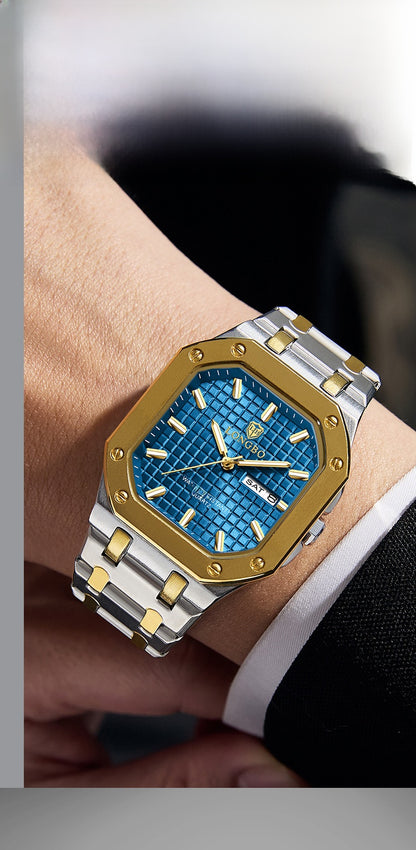Men's Square Quartz Watch With Stainless Steel Strap, Tempered Glass Mirror, Pointer Display, And Butterfly Double Snap Buckle