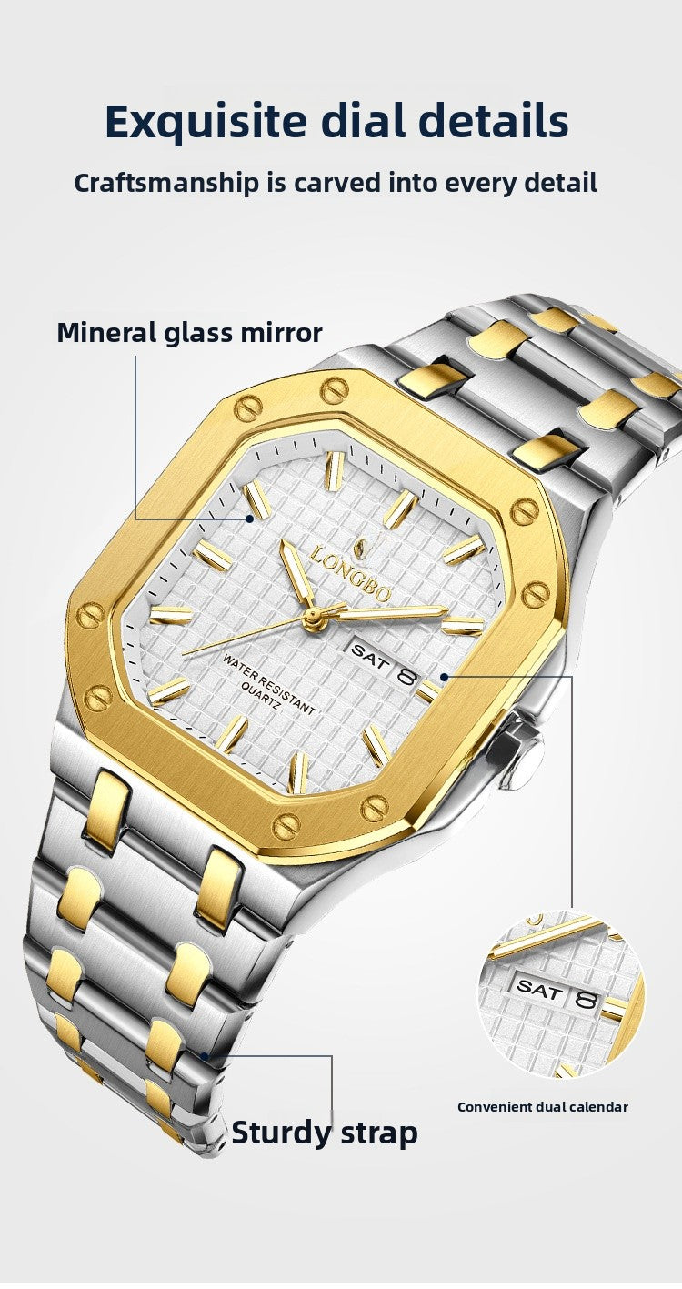 Men's Square Quartz Watch With Stainless Steel Strap, Tempered Glass Mirror, Pointer Display, And Butterfly Double Snap Buckle