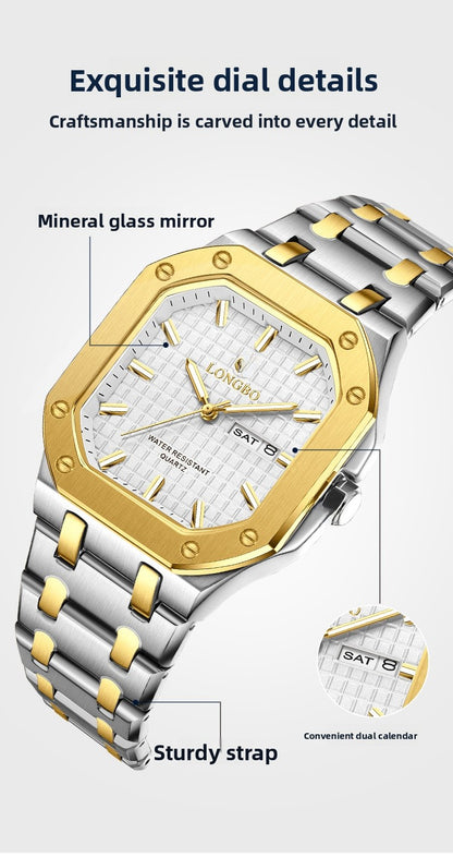 Men's Square Quartz Watch With Stainless Steel Strap, Tempered Glass Mirror, Pointer Display, And Butterfly Double Snap Buckle