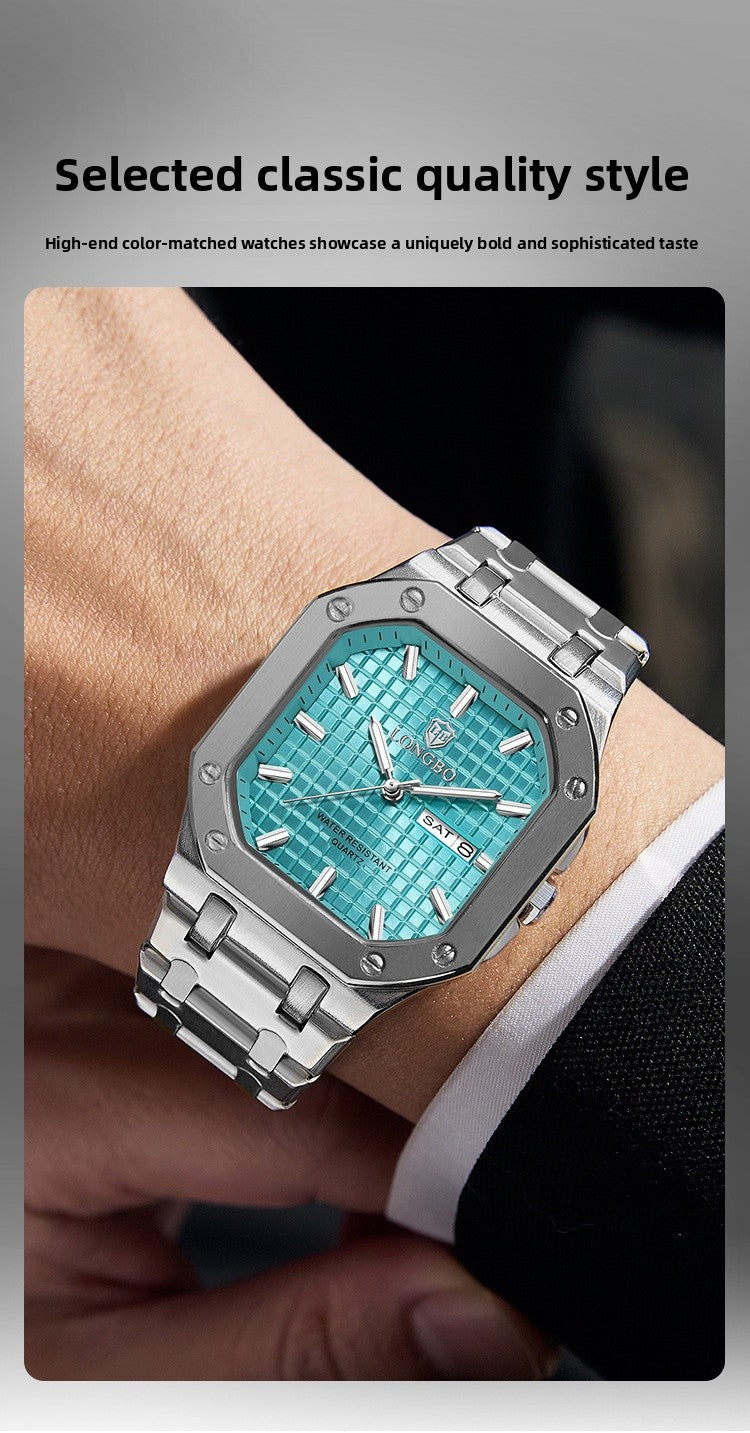Men's Square Quartz Watch With Stainless Steel Strap, Tempered Glass Mirror, Pointer Display, And Butterfly Double Snap Buckle
