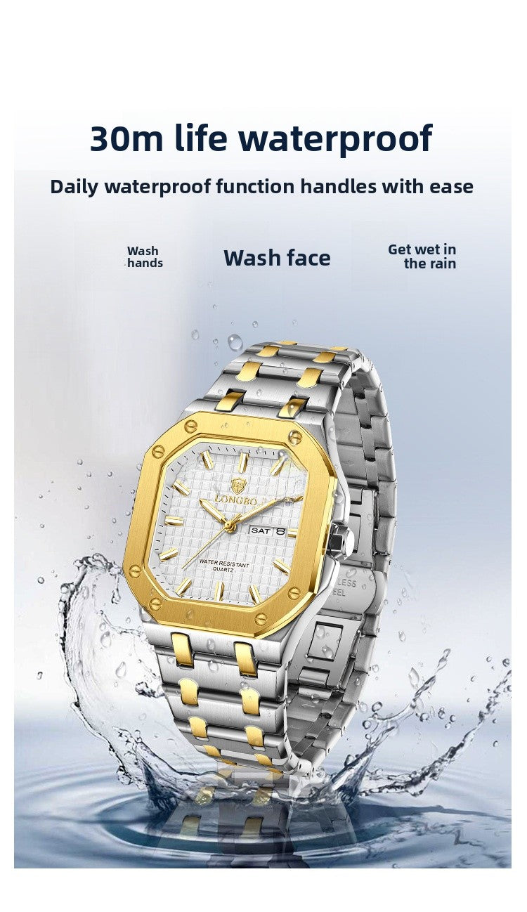 Men's Square Quartz Watch With Stainless Steel Strap, Tempered Glass Mirror, Pointer Display, And Butterfly Double Snap Buckle