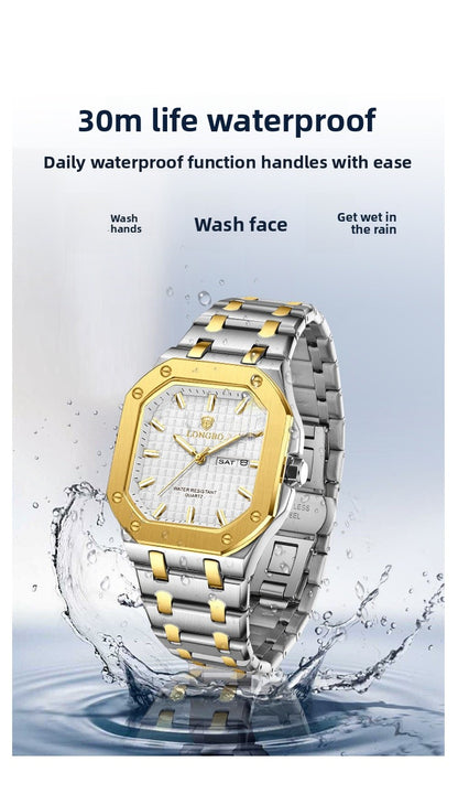 Men's Square Quartz Watch With Stainless Steel Strap, Tempered Glass Mirror, Pointer Display, And Butterfly Double Snap Buckle