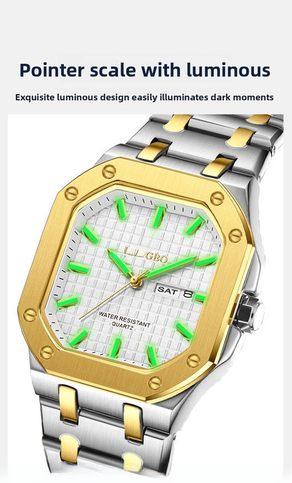 Men's Square Quartz Watch With Stainless Steel Strap, Tempered Glass Mirror, Pointer Display, And Butterfly Double Snap Buckle