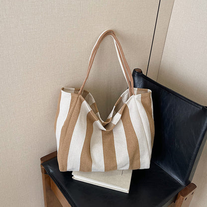 Women’s Canvas Stripe Square Tote Bag With Sewing Thread Detail, Featuring Single Shoulder Strap