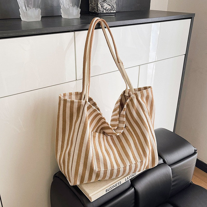 Women’s Canvas Stripe Square Tote Bag With Sewing Thread Detail, Featuring Single Shoulder Strap