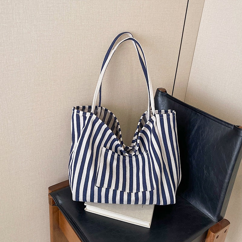 Women’s Canvas Stripe Square Tote Bag With Sewing Thread Detail, Featuring Single Shoulder Strap