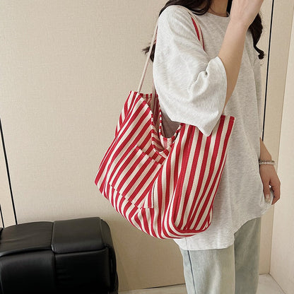 Women’s Canvas Stripe Square Tote Bag With Sewing Thread Detail, Featuring Single Shoulder Strap