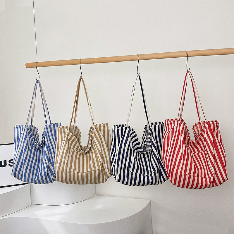Women’s Canvas Stripe Square Tote Bag With Sewing Thread Detail, Featuring Single Shoulder Strap