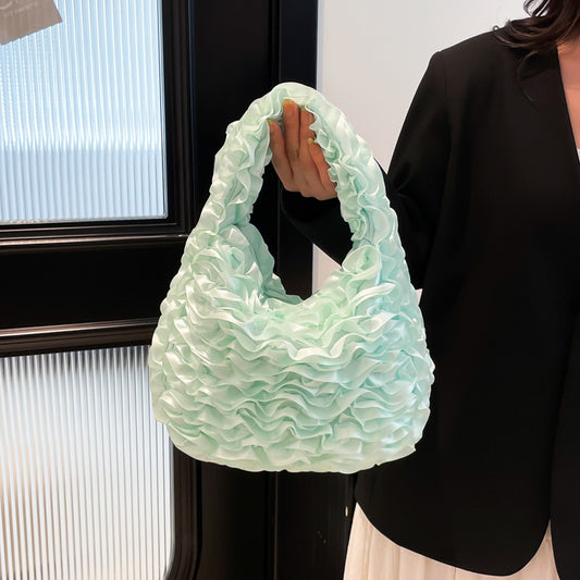 Women’s Nylon Handbag With Lace Flowers In Dumpling Shape, Top Handle Bag For Spring & Summer