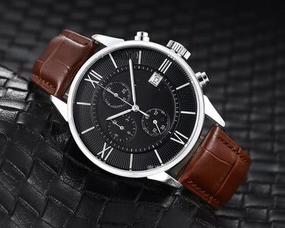 Men's Quartz Watch With Round Dial, Imitation Leather Strap, Pin Buckle, Ordinary Glass Mirror, And Pointer Display
