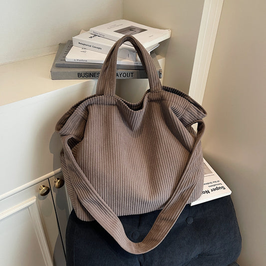 Women’s Square Corduroy Tote Bag With Sewing Thread Detail, Top Handle, Perfect For Autumn
