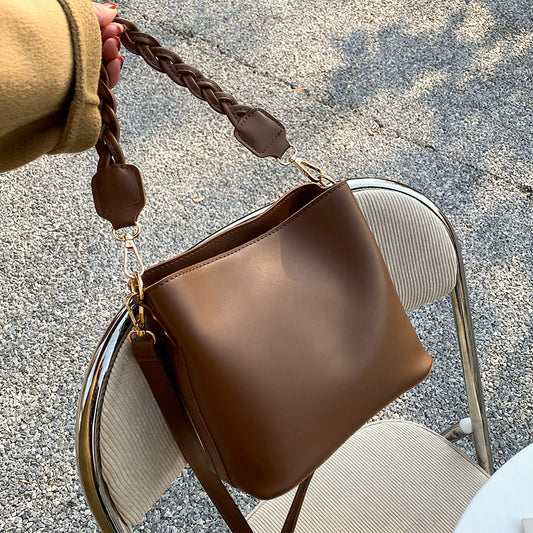 Solid Color PU Leather Bucket Bag For Women With Braid Detail And Single Shoulder Strap