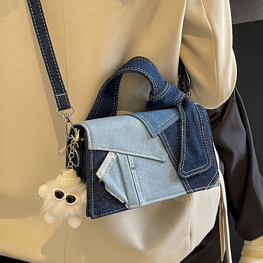Women’s Denim Color Block Square Bag With Sewing Thread Detail, Stylish Spring Crossbody Purse