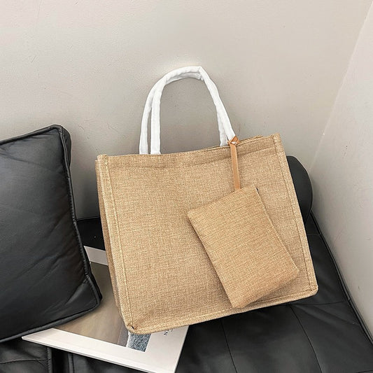 Square Linen Handbag With Sewing Thread Detail, Top Handle Style Perfect For Summer