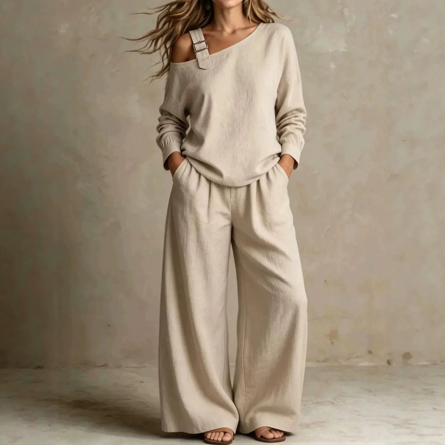 Geometric Casual Pant Co-ord Set In Linen Fabric With Long Sleeve And Full Length, 2 Pieces Set