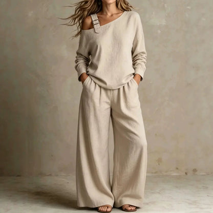 Geometric Casual Pant Co-ord Set In Linen Fabric With Long Sleeve And Full Length, 2 Pieces Set