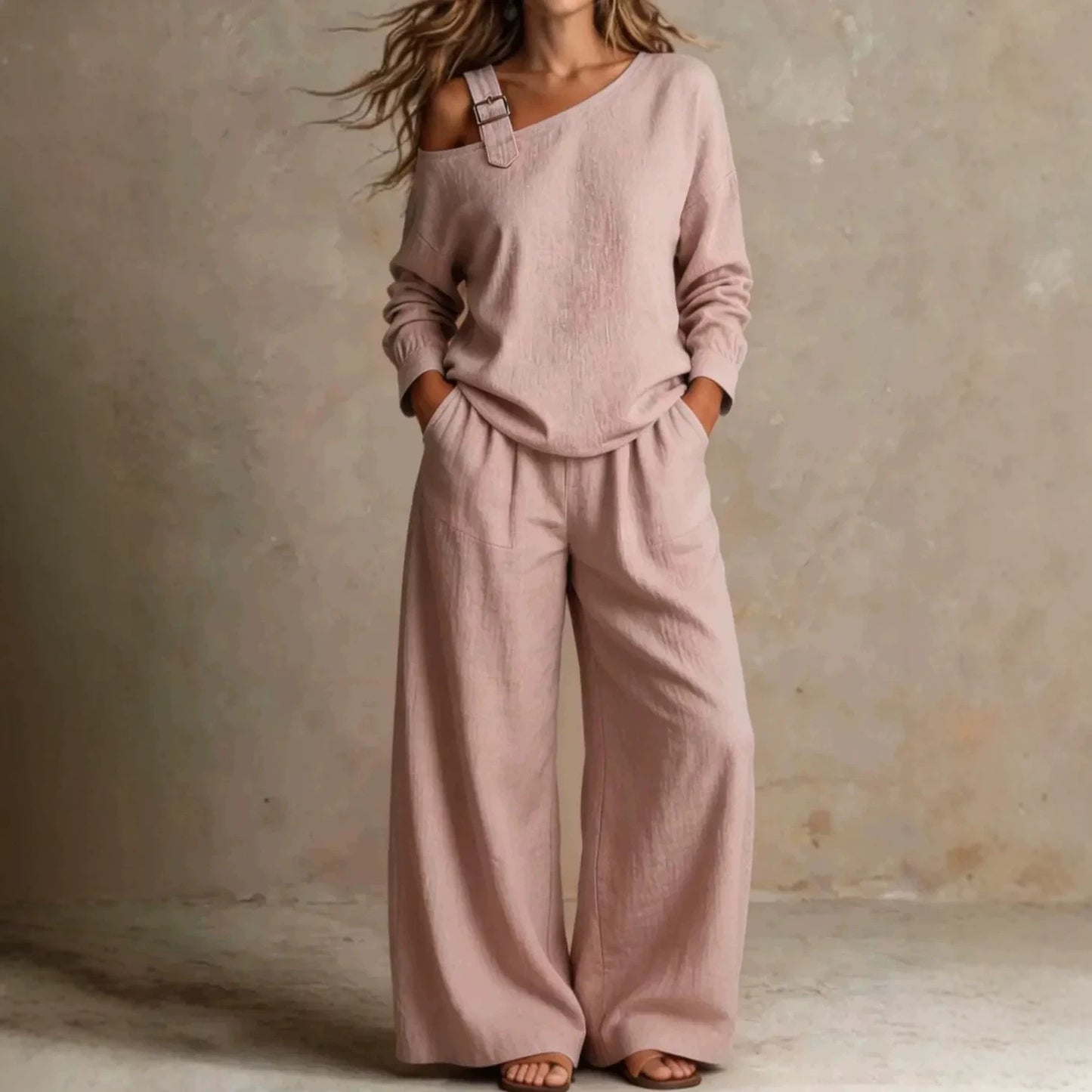 Geometric Casual Pant Co-ord Set In Linen Fabric With Long Sleeve And Full Length, 2 Pieces Set