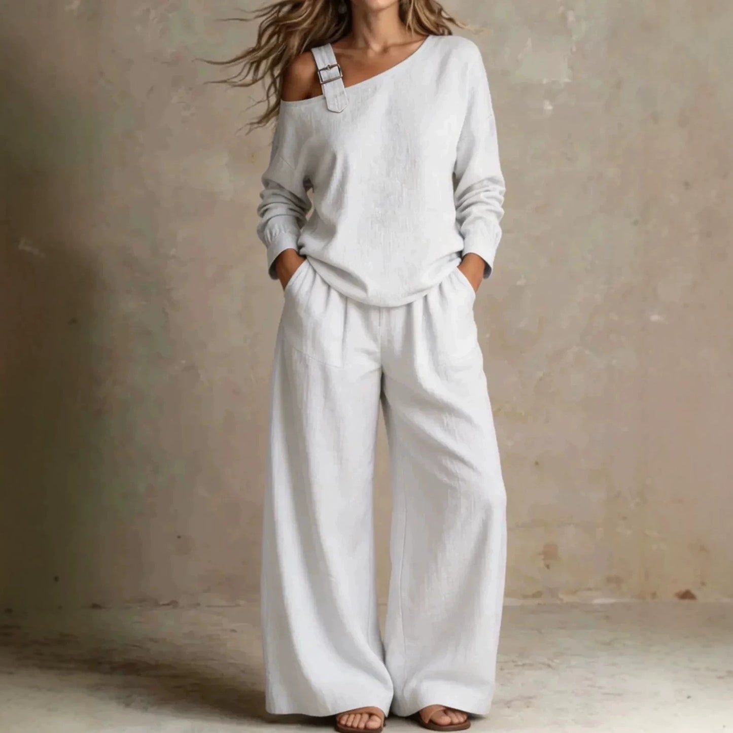Geometric Casual Pant Co-ord Set In Linen Fabric With Long Sleeve And Full Length, 2 Pieces Set