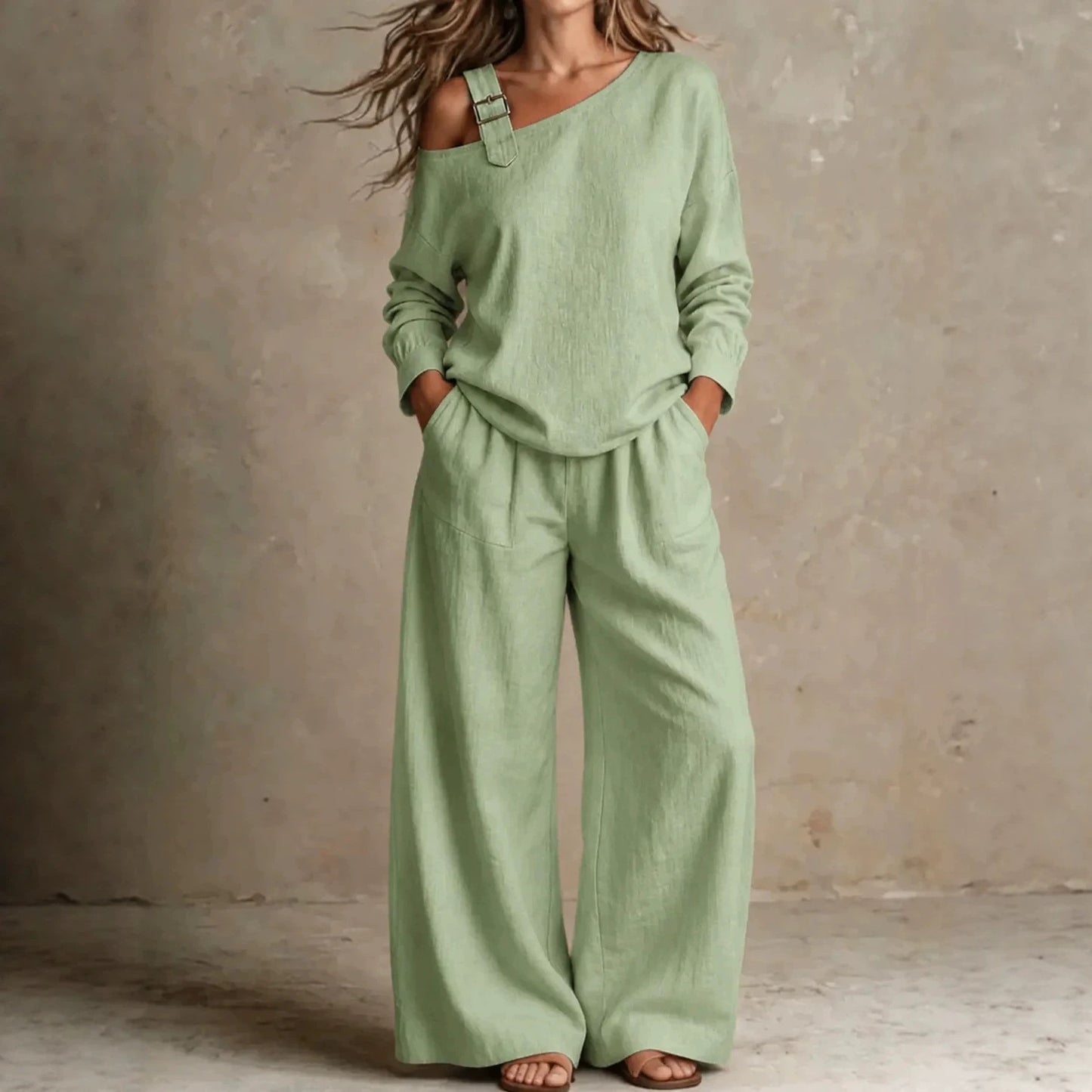 Geometric Casual Pant Co-ord Set In Linen Fabric With Long Sleeve And Full Length, 2 Pieces Set
