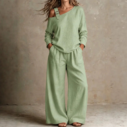 Geometric Casual Pant Co-ord Set In Linen Fabric With Long Sleeve And Full Length, 2 Pieces Set