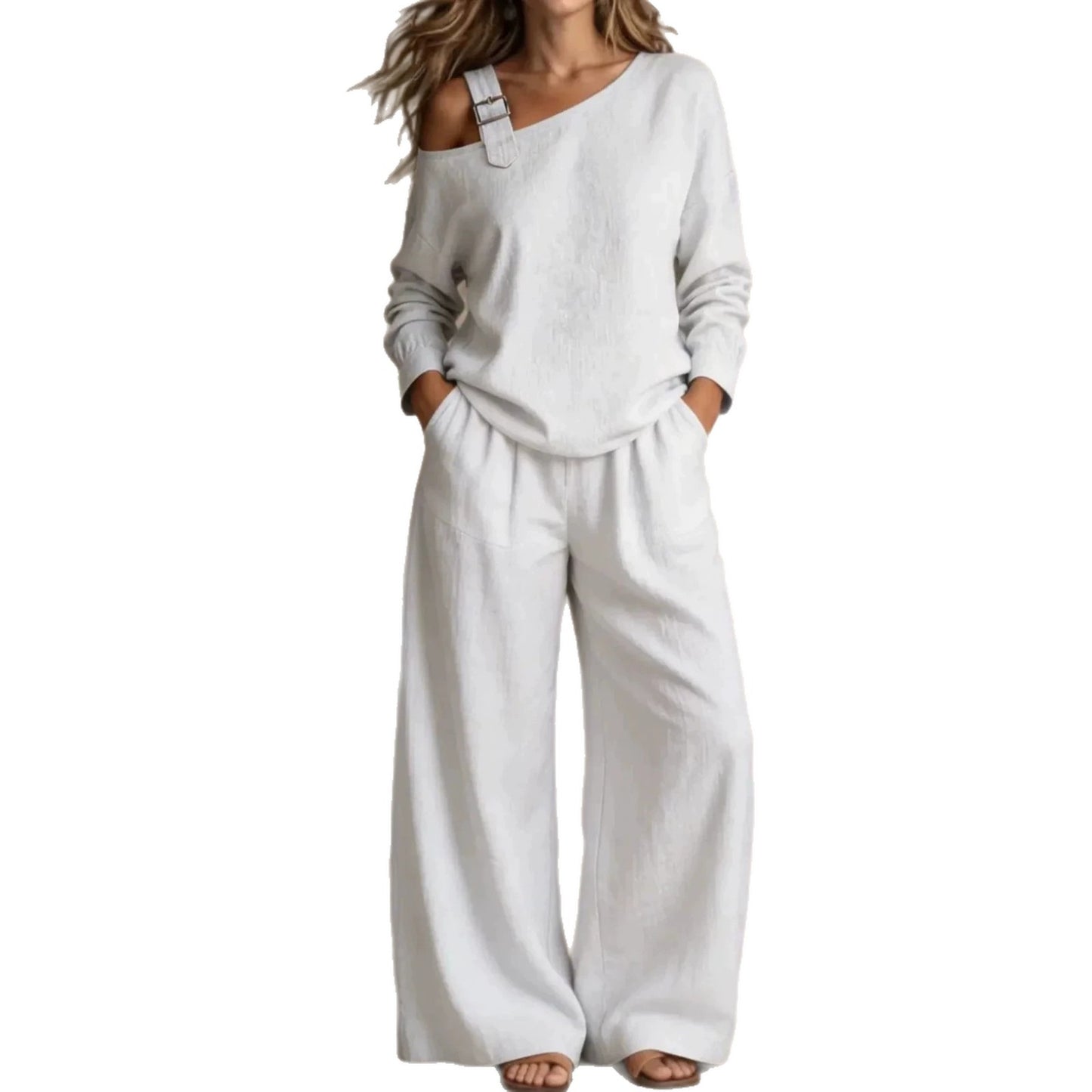 Geometric Casual Pant Co-ord Set In Linen Fabric With Long Sleeve And Full Length, 2 Pieces Set