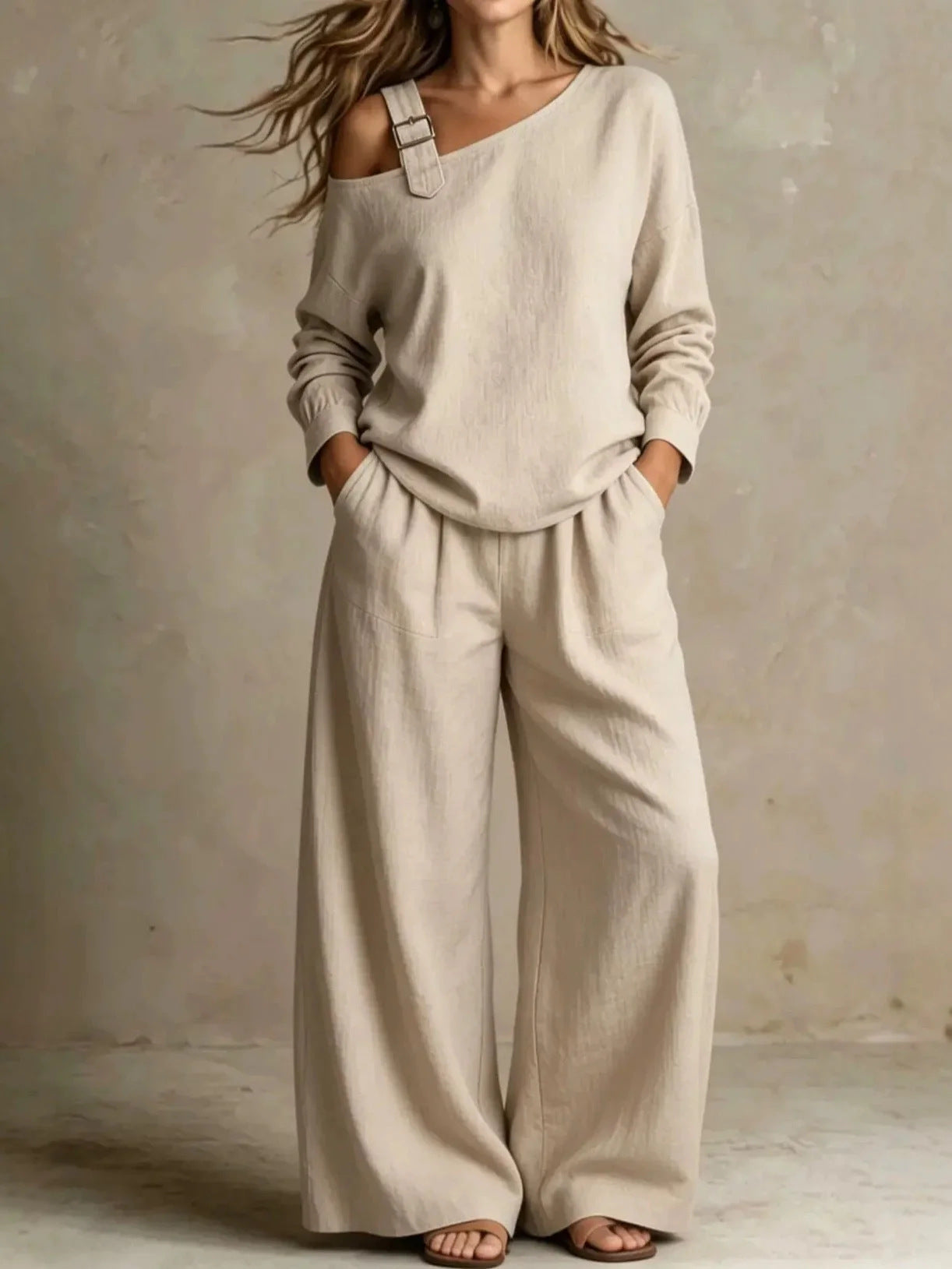 Geometric Casual Pant Co-ord Set In Linen Fabric With Long Sleeve And Full Length, 2 Pieces Set