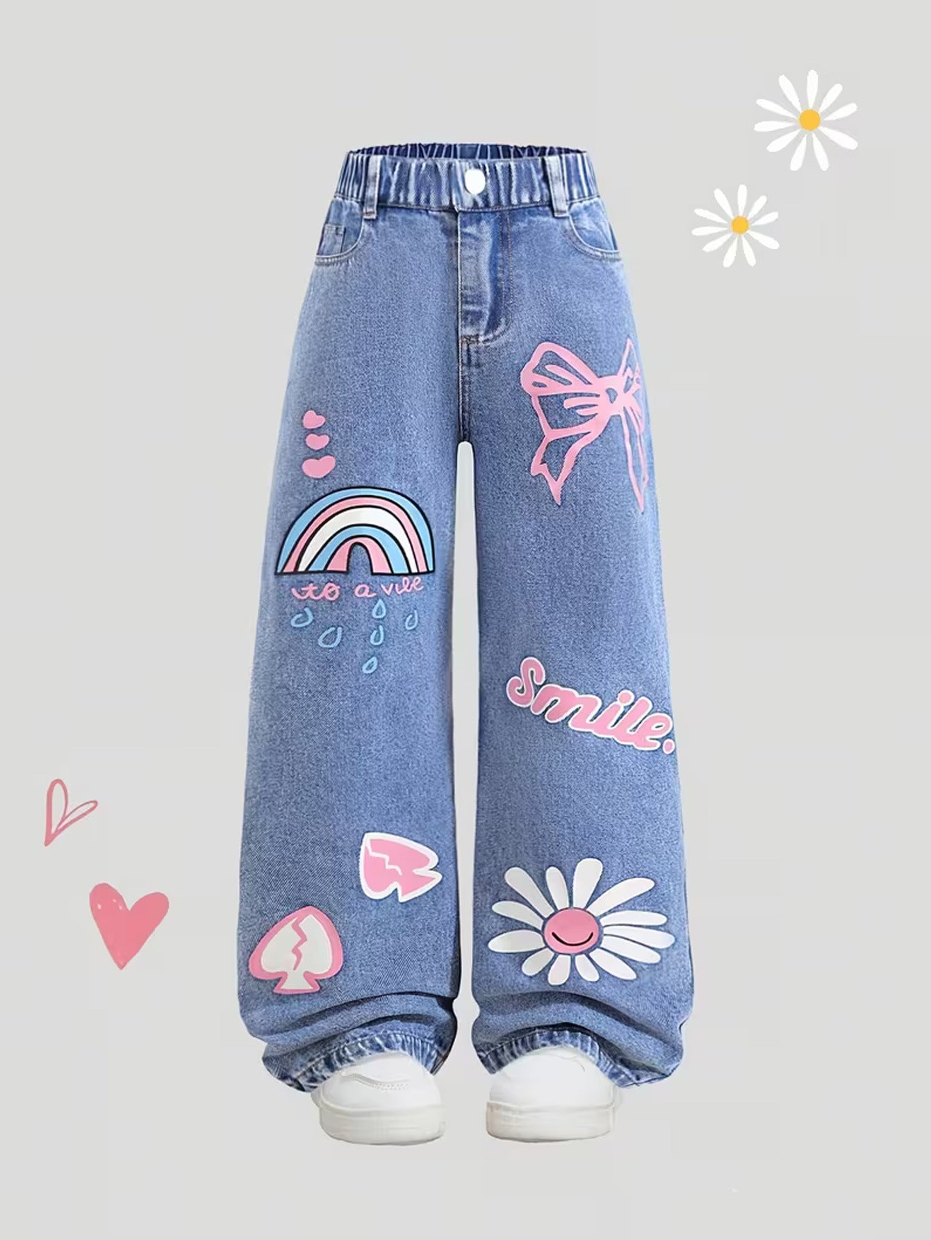 Solid Color Casual Denim Straight Pants For Girls In Blue Full Length Children's Denim Trousers
