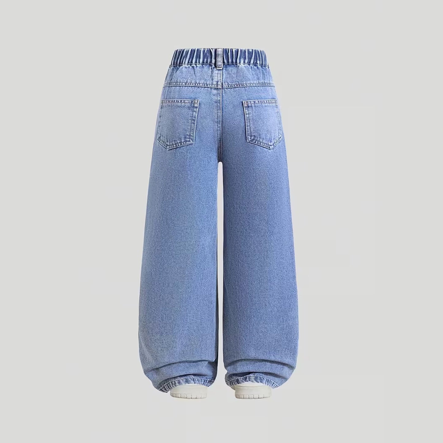 Solid Color Casual Denim Straight Pants For Girls In Blue Full Length Children's Denim Trousers