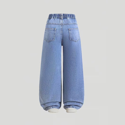 Solid Color Casual Denim Straight Pants For Girls In Blue Full Length Children's Denim Trousers