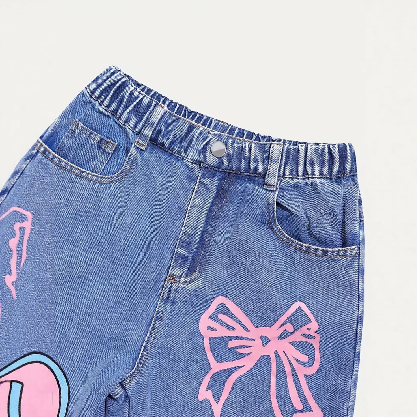 Solid Color Casual Denim Straight Pants For Girls In Blue Full Length Children's Denim Trousers