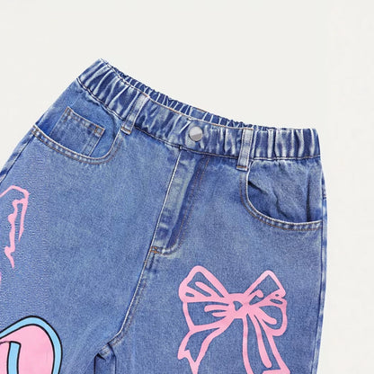 Solid Color Casual Denim Straight Pants For Girls In Blue Full Length Children's Denim Trousers